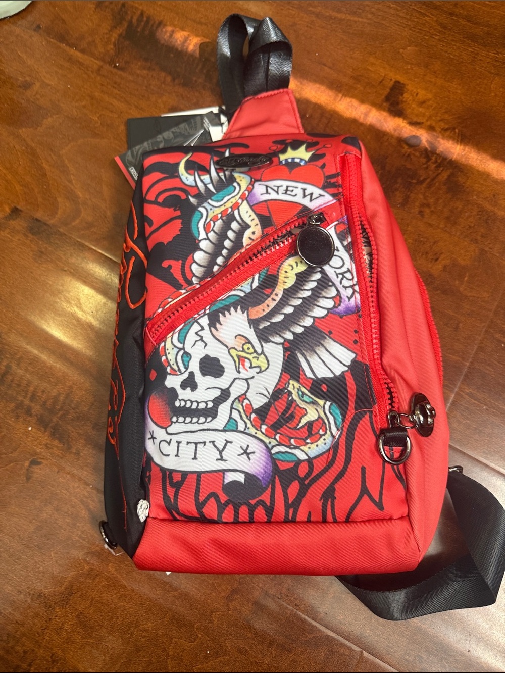 Red Graphic Sling Bag with Skull & Eagle Print